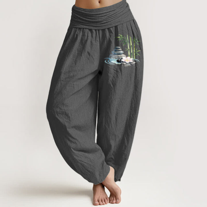 Buddha Stones Haremshose aus reiner Baumwolle mit Bambusblumenmuster und Strasssteinen, hoher Bund, für Damen - DimGray - US16, UK/AU20, EU48 (3XL) - image 11