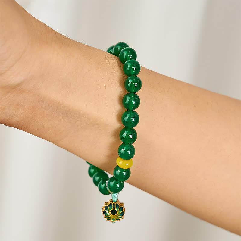 Buddha Stones Natürliches grünes Achat-Gelb-Achat-Lotus-Charm-Erfolgs-Perlenarmband - image 3