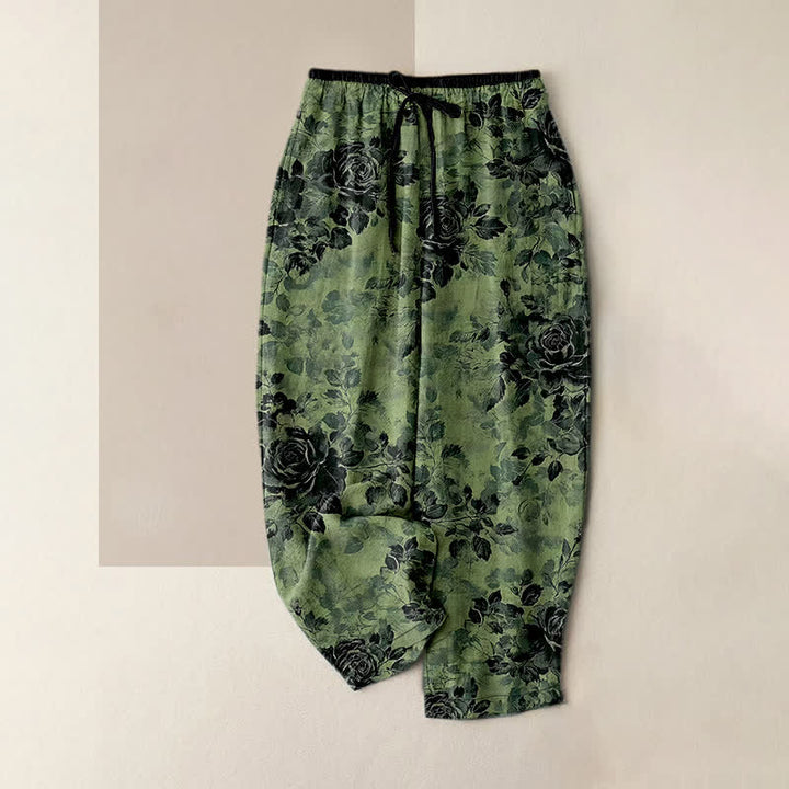 Buddha Stones Damenhose aus reiner Baumwolle mit Rosenmuster, elastischem Bund, Kordelzug und Taschen - Mittelseegrün - US16, UK/AU20, EU48 (3XL) - image 0