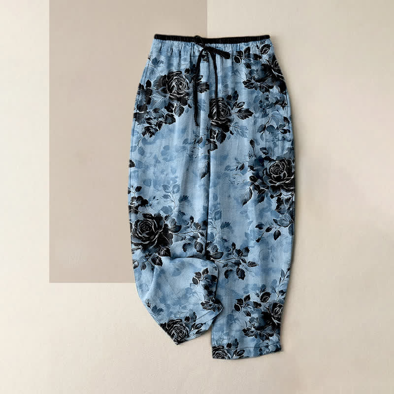 Buddha Stones Damenhose aus reiner Baumwolle mit Rosenmuster, elastischem Bund, Kordelzug und Taschen - Hellblau - US16, UK/AU20, EU48 (3XL) - image 4