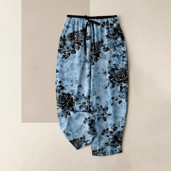 Buddha Stones Damenhose aus reiner Baumwolle mit Rosenmuster, elastischem Bund, Kordelzug und Taschen - Hellblau - US16, UK/AU20, EU48 (3XL) - image 4