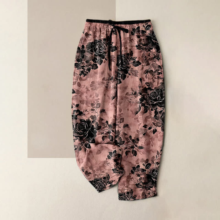 Buddha Stones Damenhose aus reiner Baumwolle mit Rosenmuster, elastischem Bund, Kordelzug und Taschen - Hellkoralle - US16, UK/AU20, EU48 (3XL) - image 8