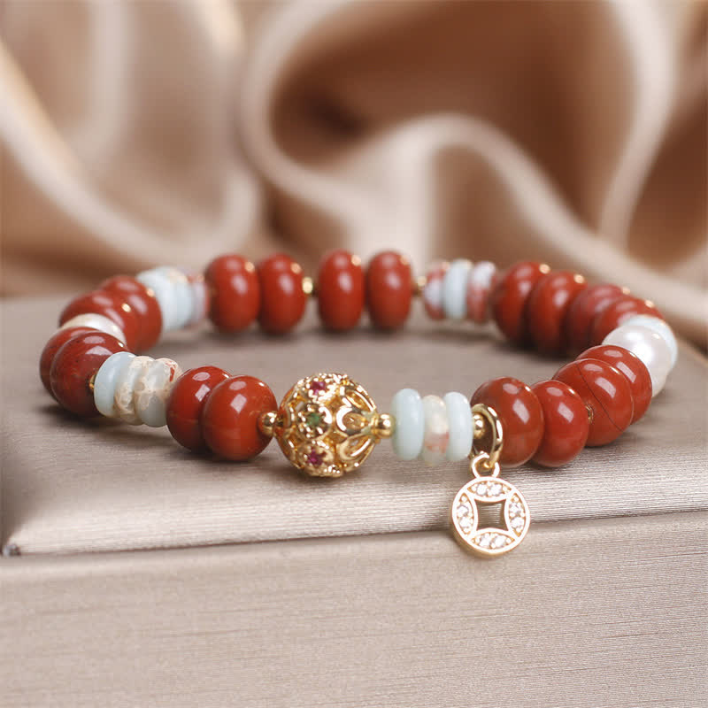 Buddha Stones Armband aus rotem Jaspis, Shoushan-Stein, Abakusperlen und Kupfermünzenschutz - image 4