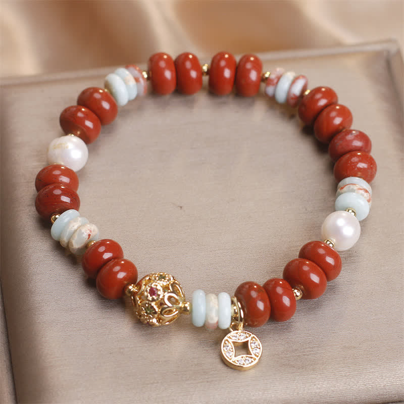Buddha Stones Armband aus rotem Jaspis, Shoushan-Stein, Abakusperlen und Kupfermünzenschutz - image 1