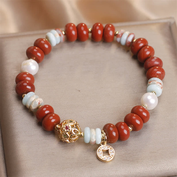 Buddha Stones Armband aus rotem Jaspis, Shoushan-Stein, Abakusperlen und Kupfermünzenschutz - image 1