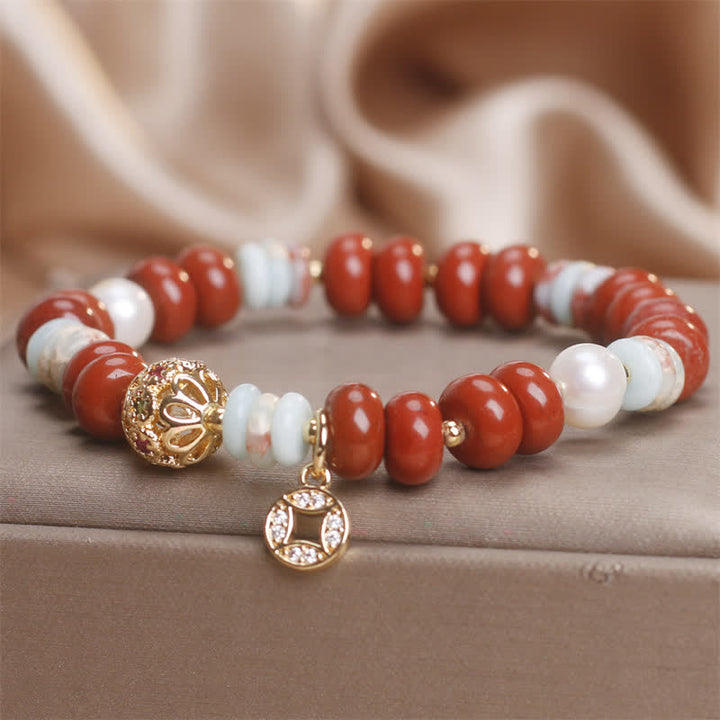 Buddha Stones Armband aus rotem Jaspis, Shoushan-Stein, Abakusperlen und Kupfermünzenschutz - image 5