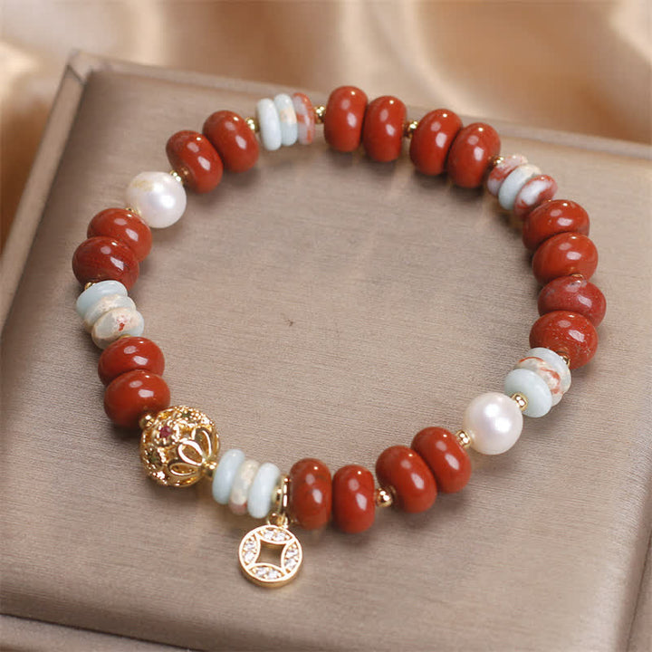 Buddha Stones Armband aus rotem Jaspis, Shoushan-Stein, Abakusperlen und Kupfermünzenschutz - image 2