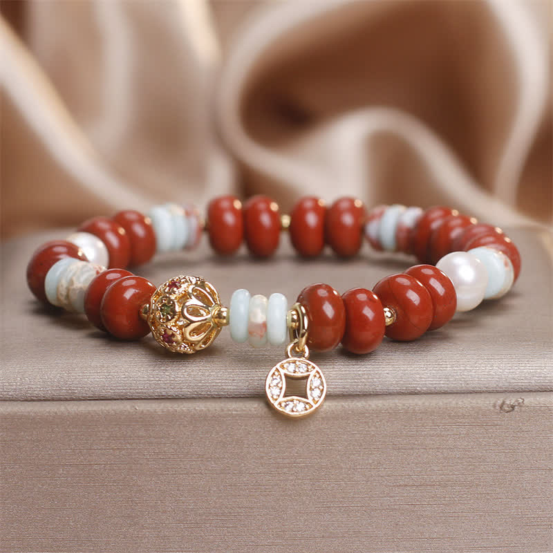 Buddha Stones Armband aus rotem Jaspis, Shoushan-Stein, Abakusperlen und Kupfermünzenschutz - Roter Jaspis (Handgelenkumfang: 15-16 cm) - image 0