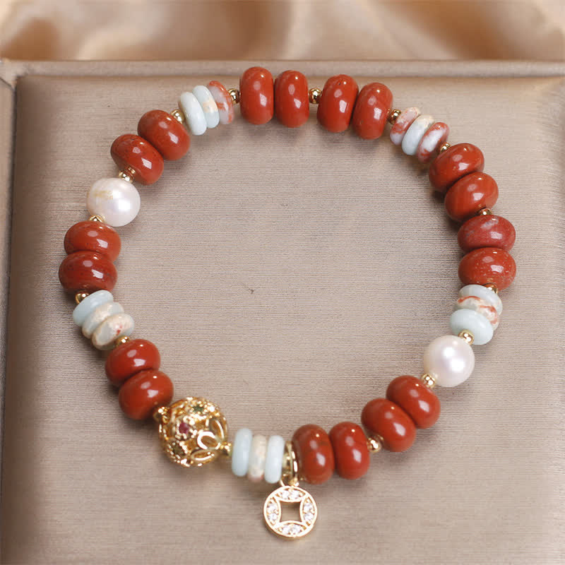 Buddha Stones Armband aus rotem Jaspis, Shoushan-Stein, Abakusperlen und Kupfermünzenschutz - image 3