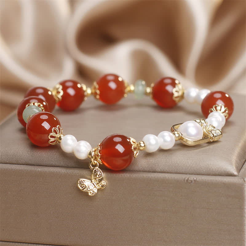 Buddha Stones Armband aus natürlichem rotem Achat und Perle mit Schmetterlingsmotiv – Symbol der Selbstakzeptanz - image 6