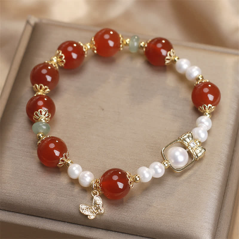 Buddha Stones Armband aus natürlichem rotem Achat und Perle mit Schmetterlingsmotiv – Symbol der Selbstakzeptanz - image 2