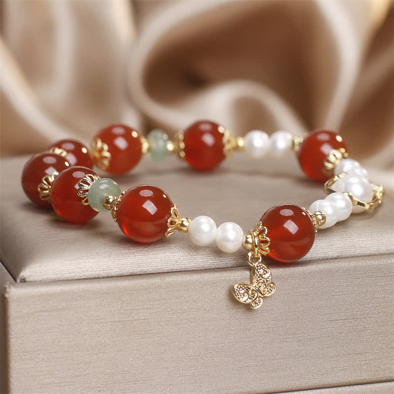 Buddha Stones Armband aus natürlichem rotem Achat und Perle mit Schmetterlingsmotiv – Symbol der Selbstakzeptanz - image 4