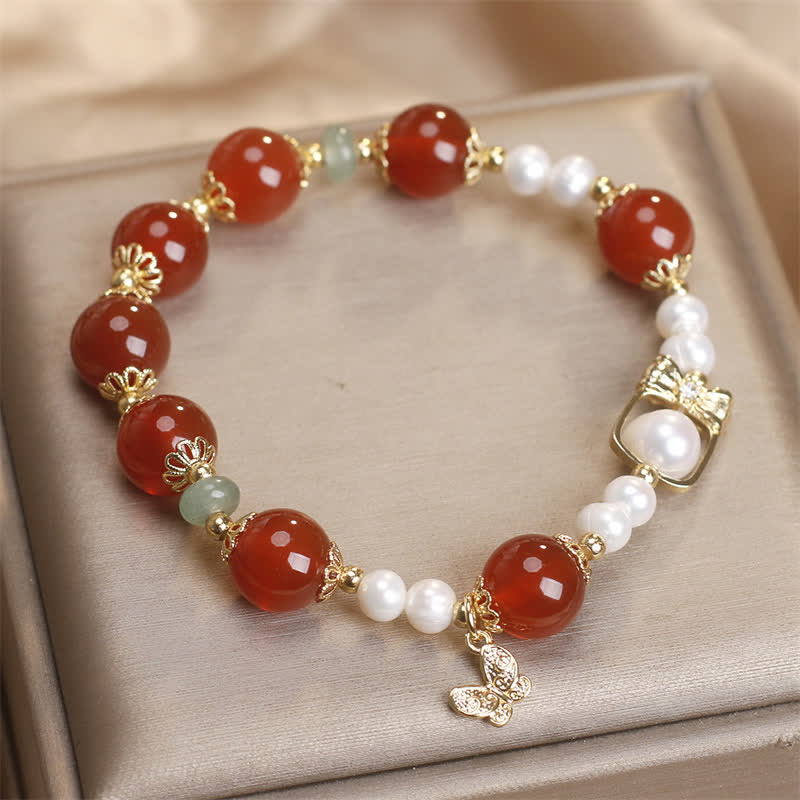 Buddha Stones Armband aus natürlichem rotem Achat und Perle mit Schmetterlingsmotiv – Symbol der Selbstakzeptanz - image 1