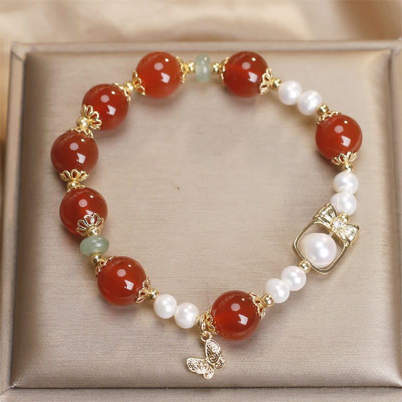 Buddha Stones Armband aus natürlichem rotem Achat und Perle mit Schmetterlingsmotiv – Symbol der Selbstakzeptanz - image 3