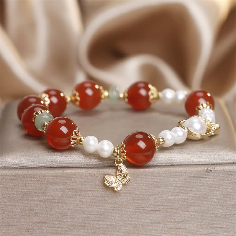 Buddha Stones Armband aus natürlichem rotem Achat und Perle mit Schmetterlingsmotiv – Symbol der Selbstakzeptanz - Roter Achat (Handgelenkumfang 15-16 cm) - image 0