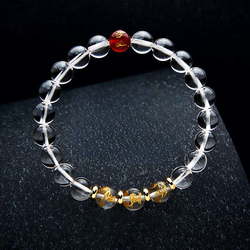 Buddha Stones Heilarmband aus klarem Quarz mit chinesischen Tierkreiszeichen - Tiger Pferd Hund - 8 mm Perlen (Handgelenkumfang: 15–16 cm) - image 1