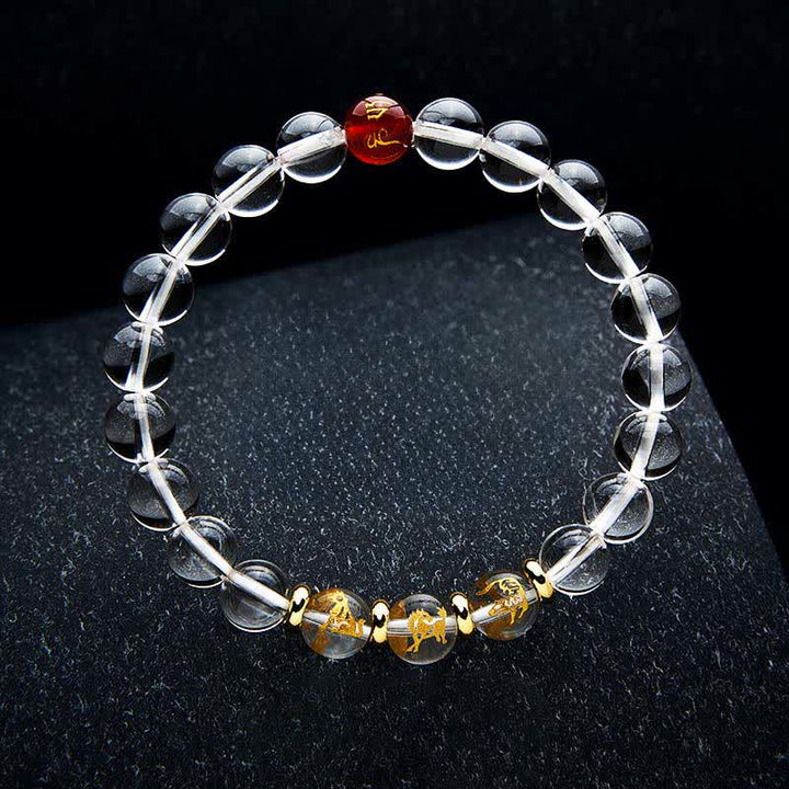 Buddha Stones Heilarmband aus klarem Quarz mit chinesischen Tierkreiszeichen - Tiger Pferd Hund - 8 mm Perlen (Handgelenkumfang: 15–16 cm) - image 1