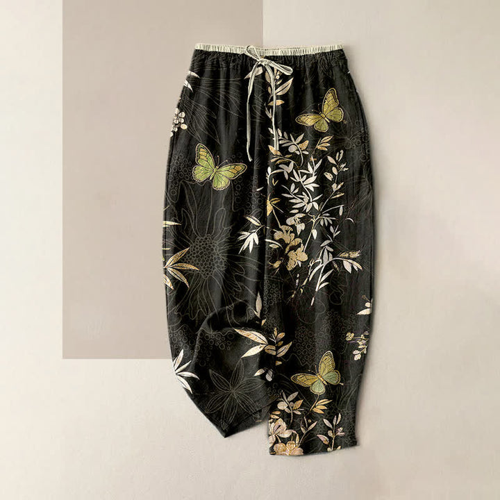 Buddha Stones Damenhose aus reiner Baumwolle mit Schmetterlings-, Blätter- und Blumenmuster, Kordelzug und Taschen - Schwarz - US16, UK/AU20, EU48 (3XL) - image 0