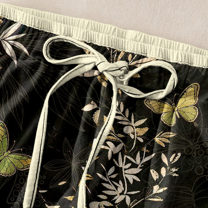 Buddha Stones Damenhose aus reiner Baumwolle mit Schmetterlings-, Blätter- und Blumenmuster, Kordelzug und Taschen - image 2
