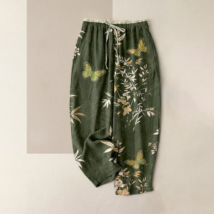 Buddha Stones Damenhose aus reiner Baumwolle mit Schmetterlings-, Blätter- und Blumenmuster, Kordelzug und Taschen - Dunkelolivgrün - US16, UK/AU20, EU48 (3XL) - image 4