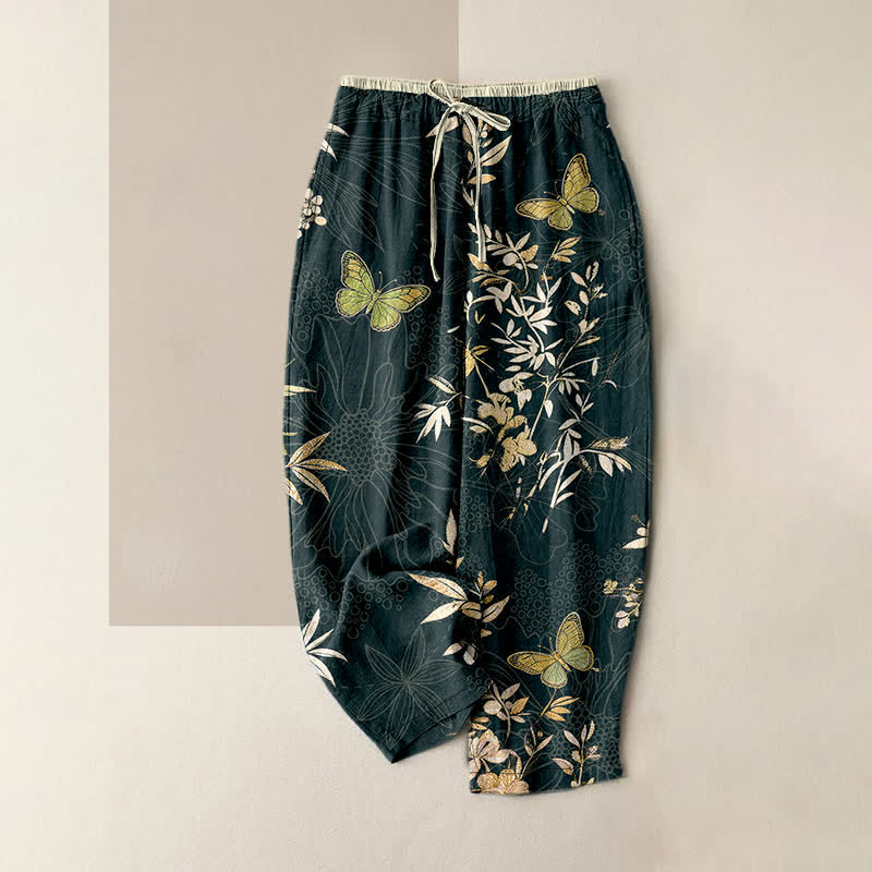 Buddha Stones Damenhose aus reiner Baumwolle mit Schmetterlings-, Blätter- und Blumenmuster, Kordelzug und Taschen - Dunkelgrau - US16, UK/AU20, EU48 (3XL) - image 5