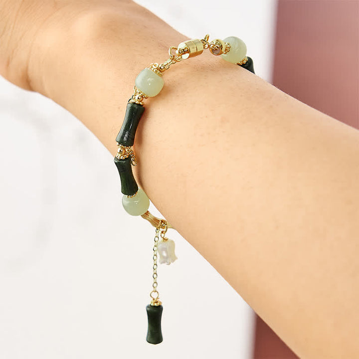 Buddha Stones Hetian Jade Peridot Bambus Maiglöckchen Reichtum Treue Verstellbares Armband - image 1