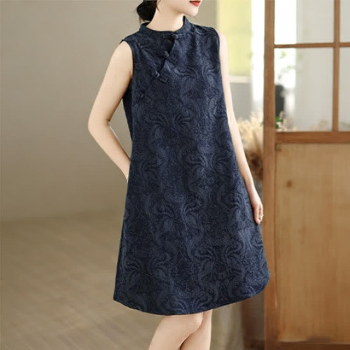 Buddha Stones Ärmelloses Minikleid aus Baumwolle mit Mandarin-Kragen, Froschknopfleiste und Jacquardmuster, inklusive Taschen - image 13