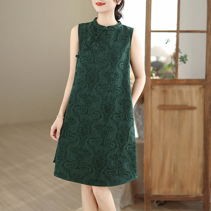 Buddha Stones Ärmelloses Minikleid aus Baumwolle mit Mandarin-Kragen, Froschknopfleiste und Jacquardmuster, inklusive Taschen - image 5