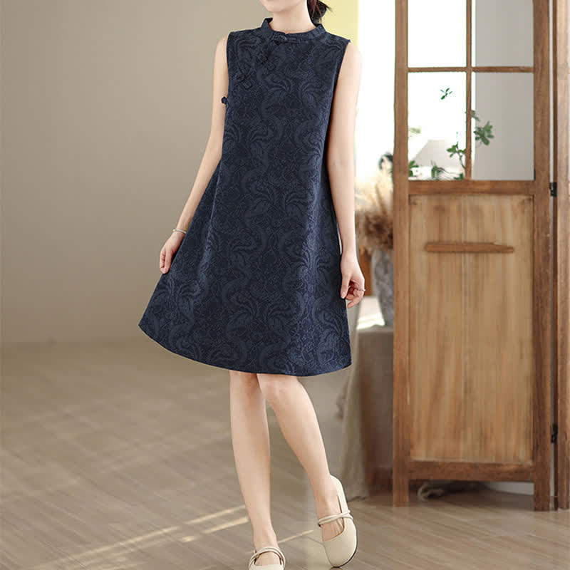 Buddha Stones Ärmelloses Minikleid aus Baumwolle mit Mandarin-Kragen, Froschknopfleiste und Jacquardmuster, inklusive Taschen - Mitternachtsblau - US12, UK/AU16, EU44 (3XL) - image 12