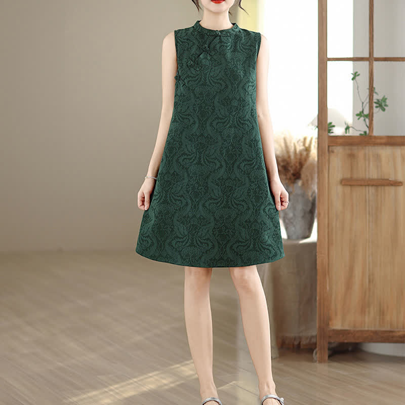 Buddha Stones Ärmelloses Minikleid aus Baumwolle mit Mandarin-Kragen, Froschknopfleiste und Jacquardmuster, inklusive Taschen - image 1
