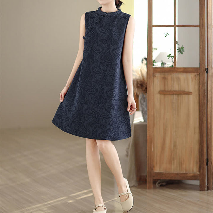 Buddha Stones Ärmelloses Minikleid aus Baumwolle mit Mandarin-Kragen, Froschknopfleiste und Jacquardmuster, inklusive Taschen - Mitternachtsblau - US12, UK/AU16, EU44 (3XL) - image 12