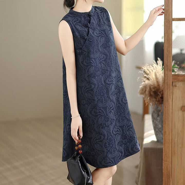 Buddha Stones Ärmelloses Minikleid aus Baumwolle mit Mandarin-Kragen, Froschknopfleiste und Jacquardmuster, inklusive Taschen - image 14