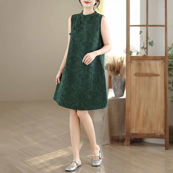 Buddha Stones Ärmelloses Minikleid aus Baumwolle mit Mandarin-Kragen, Froschknopfleiste und Jacquardmuster, inklusive Taschen - image 2