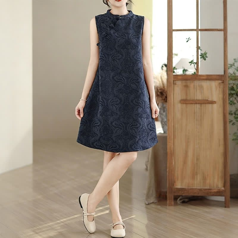 Buddha Stones Ärmelloses Minikleid aus Baumwolle mit Mandarin-Kragen, Froschknopfleiste und Jacquardmuster, inklusive Taschen - image 15