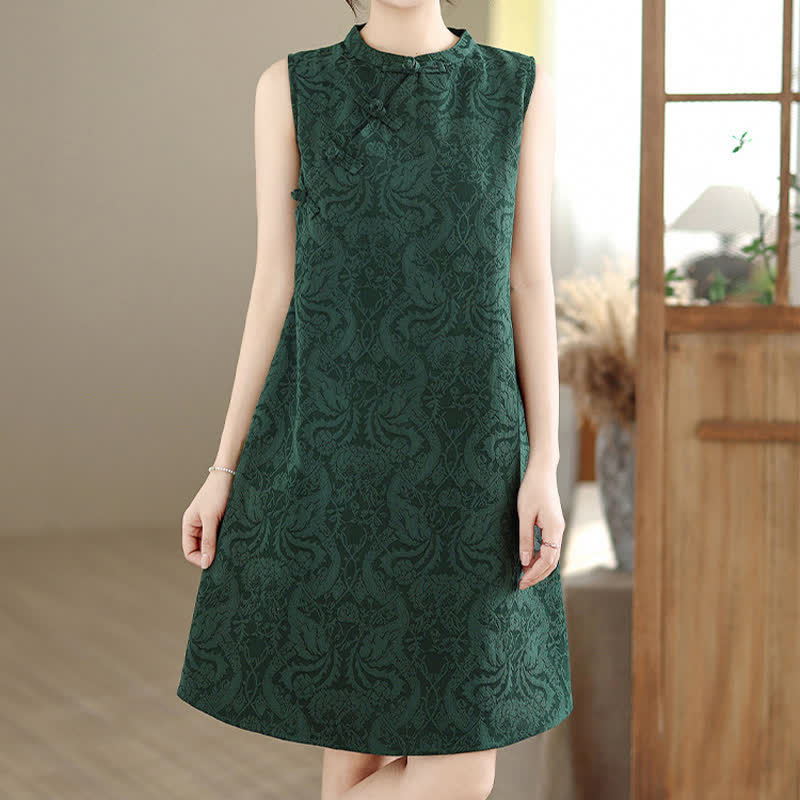 Buddha Stones Ärmelloses Minikleid aus Baumwolle mit Mandarin-Kragen, Froschknopfleiste und Jacquardmuster, inklusive Taschen - Dunkelgrau - US12, UK/AU16, EU44 (3XL) - image 0