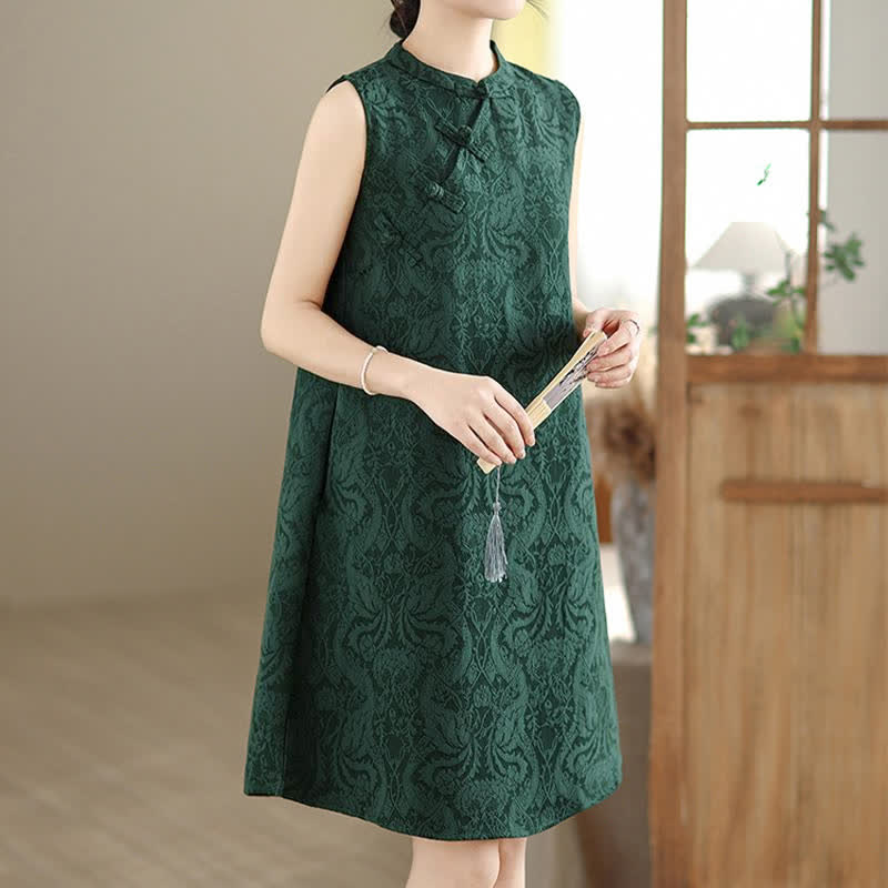 Buddha Stones Ärmelloses Minikleid aus Baumwolle mit Mandarin-Kragen, Froschknopfleiste und Jacquardmuster, inklusive Taschen - image 4