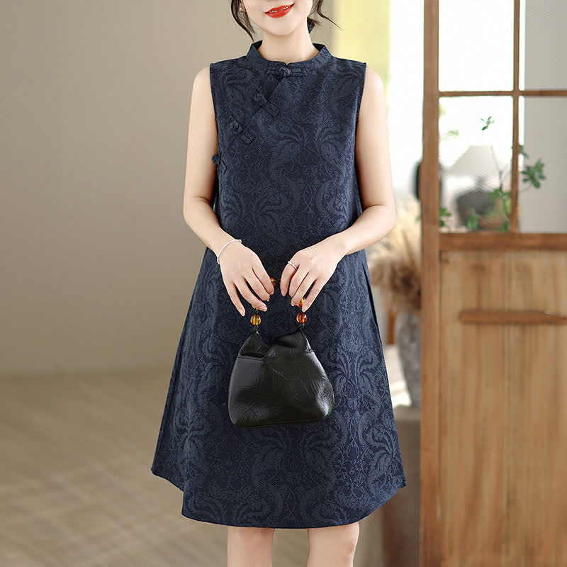 Buddha Stones Ärmelloses Minikleid aus Baumwolle mit Mandarin-Kragen, Froschknopfleiste und Jacquardmuster, inklusive Taschen - image 16