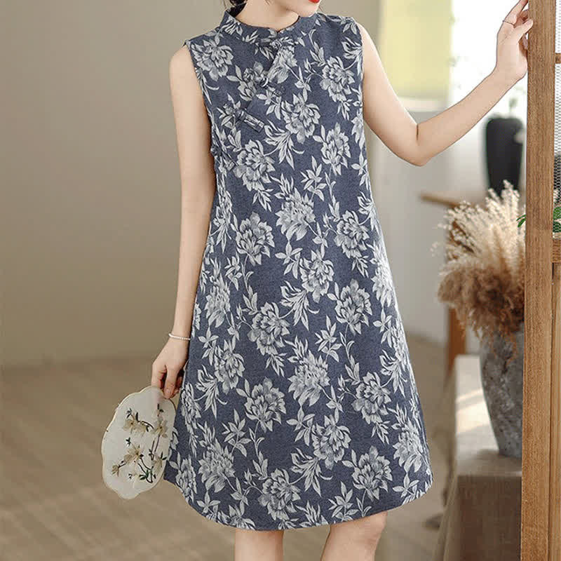 Buddha Stones Ärmelloses Minikleid aus Baumwolle mit Froschknopfverschluss, Stehkragen, Blumenmuster und Taschen - SteelBlue - US14, UK/AU18, EU46 (3XL) - image 0