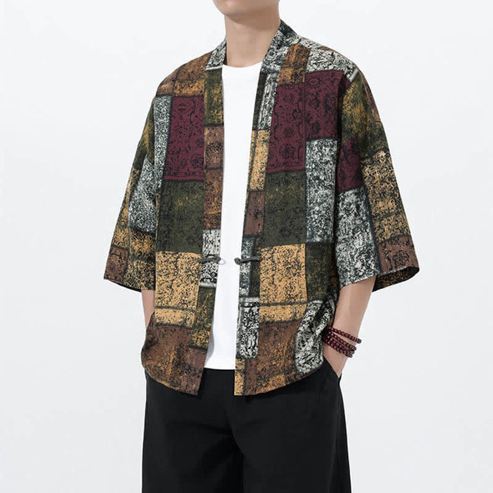 Buddha Stones Sommerlicher Kimono für Herren mit tropischem Blättermuster aus Leinenmischung, Kurzarm - image 20