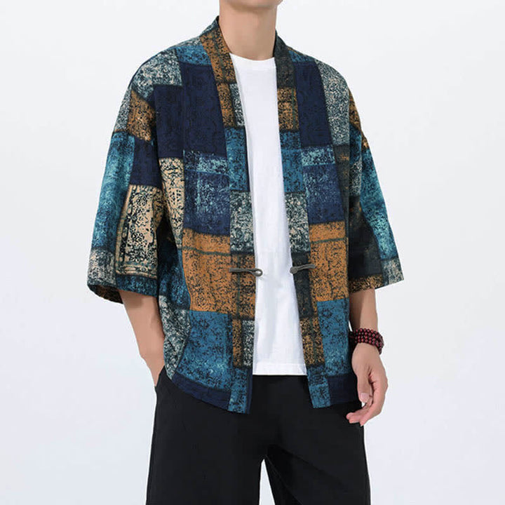 Buddha Stones Sommerlicher Kimono für Herren mit tropischem Blättermuster aus Leinenmischung, Kurzarm - image 8