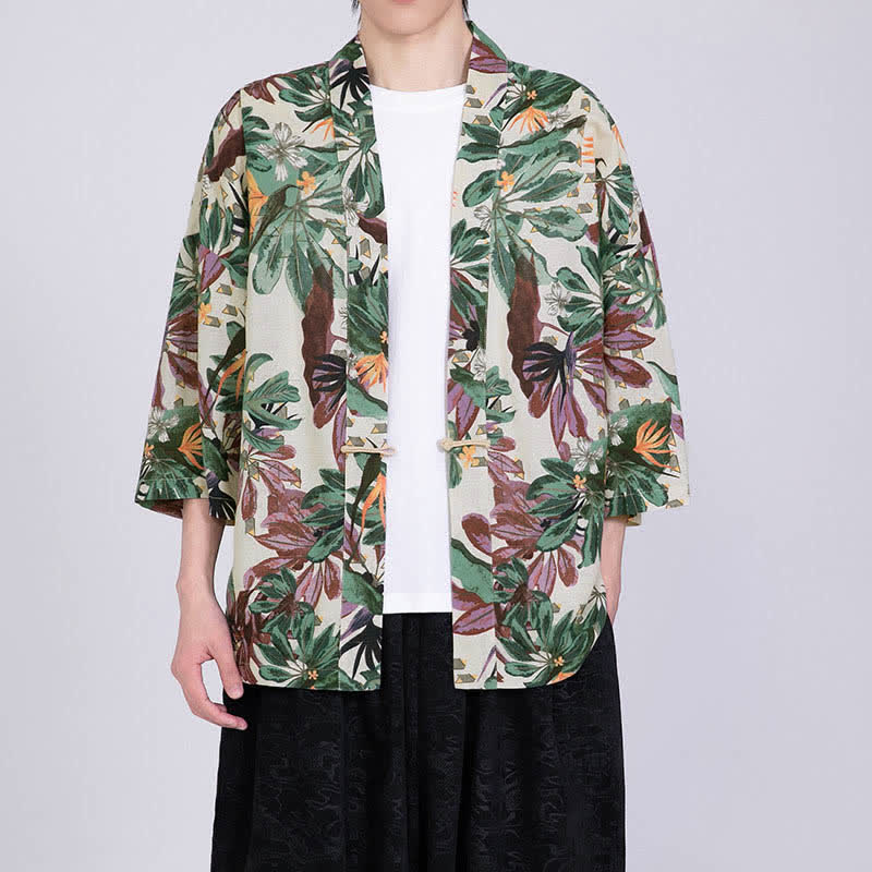 Buddha Stones Sommerlicher Kimono für Herren mit tropischem Blättermuster aus Leinenmischung, Kurzarm - Elfenbein - US/ UK/AU46, EU56 (5XL) - image 4