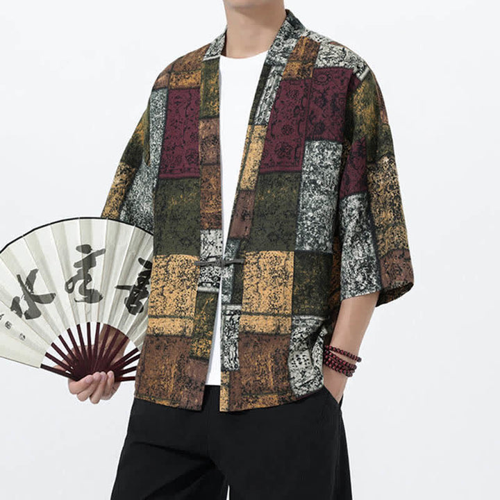 Buddha Stones Sommerlicher Kimono für Herren mit tropischem Blättermuster aus Leinenmischung, Kurzarm - image 21