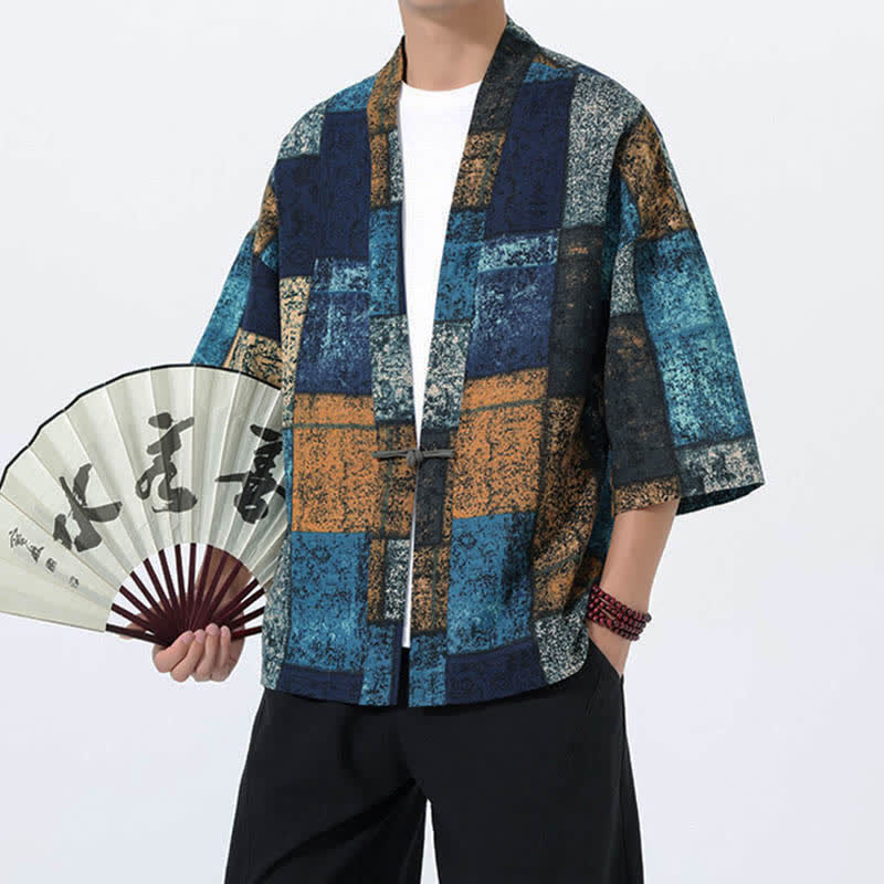 Buddha Stones Sommerlicher Kimono für Herren mit tropischem Blättermuster aus Leinenmischung, Kurzarm - image 10