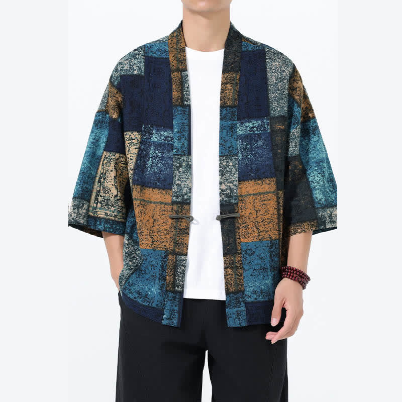 Buddha Stones Sommerlicher Kimono für Herren mit tropischem Blättermuster aus Leinenmischung, Kurzarm - Kadettenblau - US/ UK/AU46, EU56 (5XL) - image 7