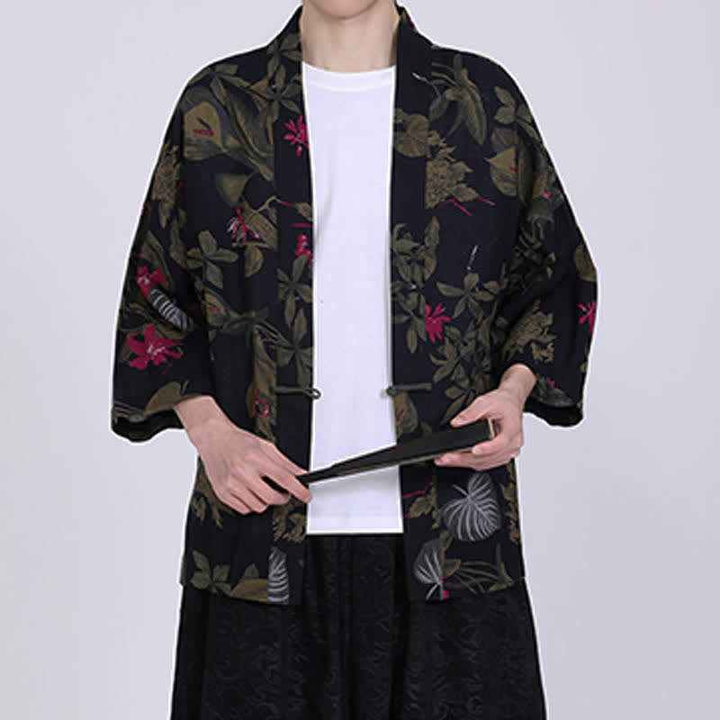 Buddha Stones Sommerlicher Kimono für Herren mit tropischem Blättermuster aus Leinenmischung, Kurzarm - image 13