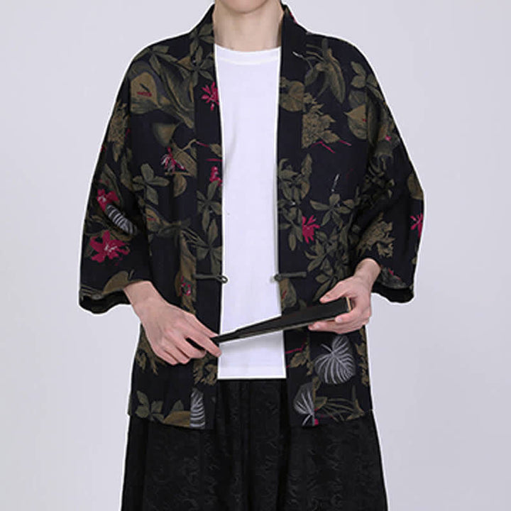 Buddha Stones Sommerlicher Kimono für Herren mit tropischem Blättermuster aus Leinenmischung, Kurzarm - image 13