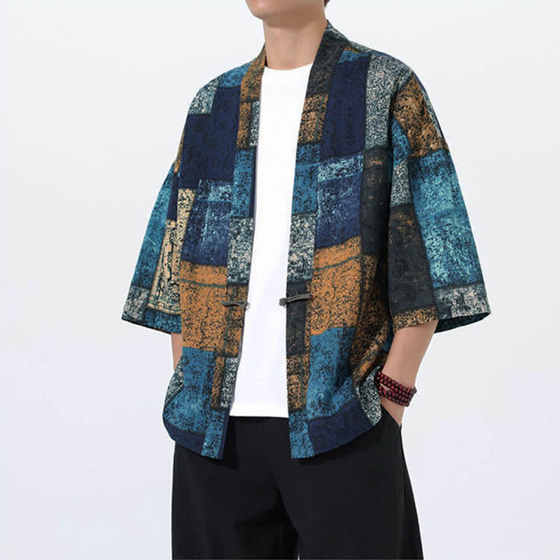 Buddha Stones Sommerlicher Kimono für Herren mit tropischem Blättermuster aus Leinenmischung, Kurzarm - image 9