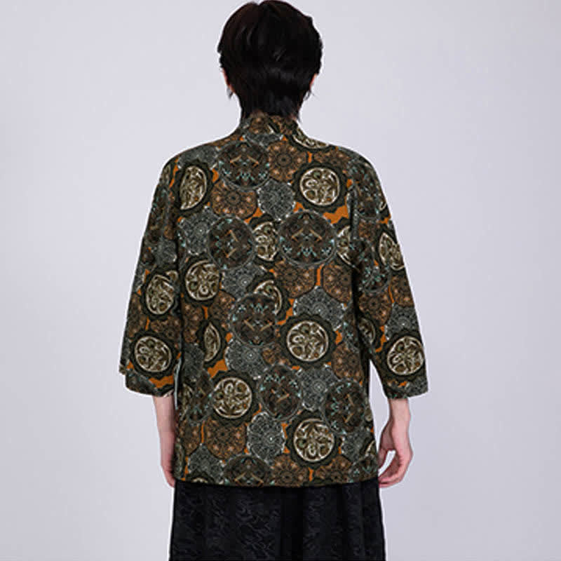 Buddha Stones Sommerlicher Kimono für Herren mit tropischem Blättermuster aus Leinenmischung, Kurzarm - image 17