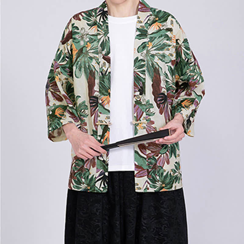 Buddha Stones Sommerlicher Kimono für Herren mit tropischem Blättermuster aus Leinenmischung, Kurzarm - image 5