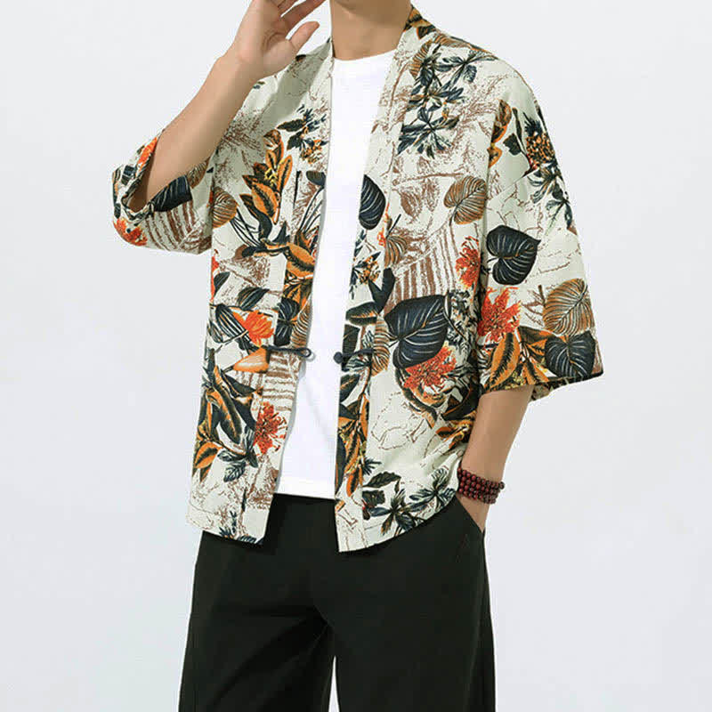 Buddha Stones Sommerlicher Kimono für Herren mit tropischem Blättermuster aus Leinenmischung, Kurzarm - image 2